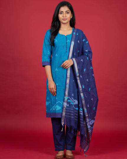Women's Handloom Printed Cotton Suit Set in Mustard Yellow & Red Double Weave Colour with Potli Balls | Ready to Wear