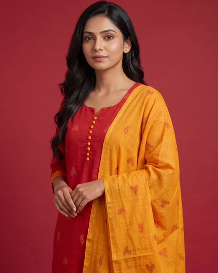 Women's Handloom Printed Cotton Suit Set in Mustard Yellow & Red Double Weave Colour with Potli Balls | Ready to Wear