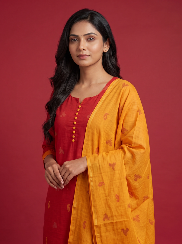 Women's Handloom Printed Cotton Suit Set in Mustard Yellow & Red Double Weave Colour with Potli Balls | Ready to Wear