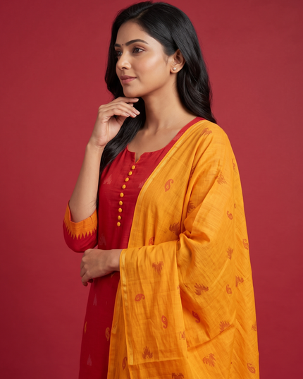 Women's Handloom Printed Cotton Suit Set in Mustard Yellow & Red Double Weave Colour with Potli Balls | Ready to Wear