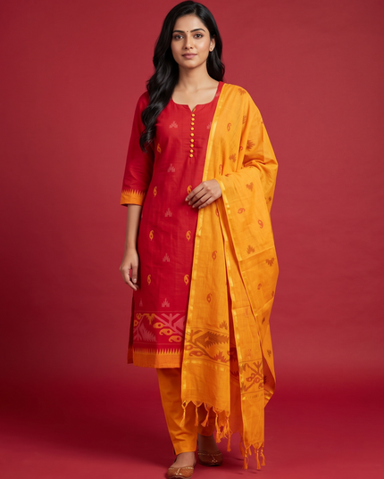 Women's Handloom Printed Cotton Suit Set in Mustard Yellow & Red Double Weave Colour with Potli Balls | Ready to Wear