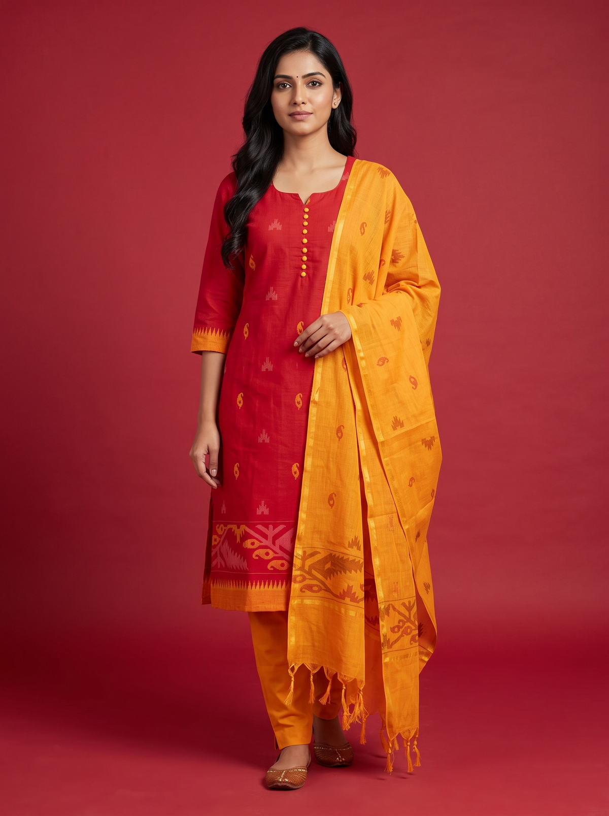 Women’s Handloom Cotton Suit Set in Red with Mustard Yellow Dupatta | Printed | Ready to Wear