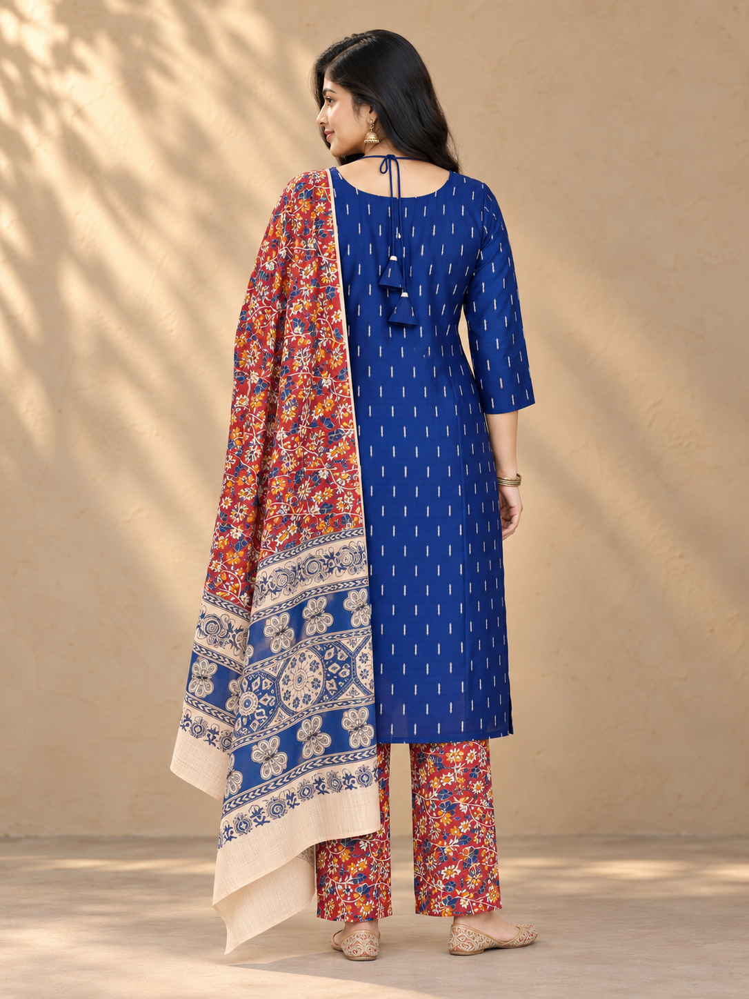 Raw Silk 3PC Kurti Set with Dori Style Neck Design, Kalamkari Bottom & Dupatta