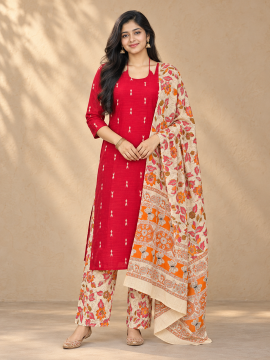 Raw Silk 3PC Kurti Set with Dori Style Neck Design, Kalamkari Bottom & Dupatta
