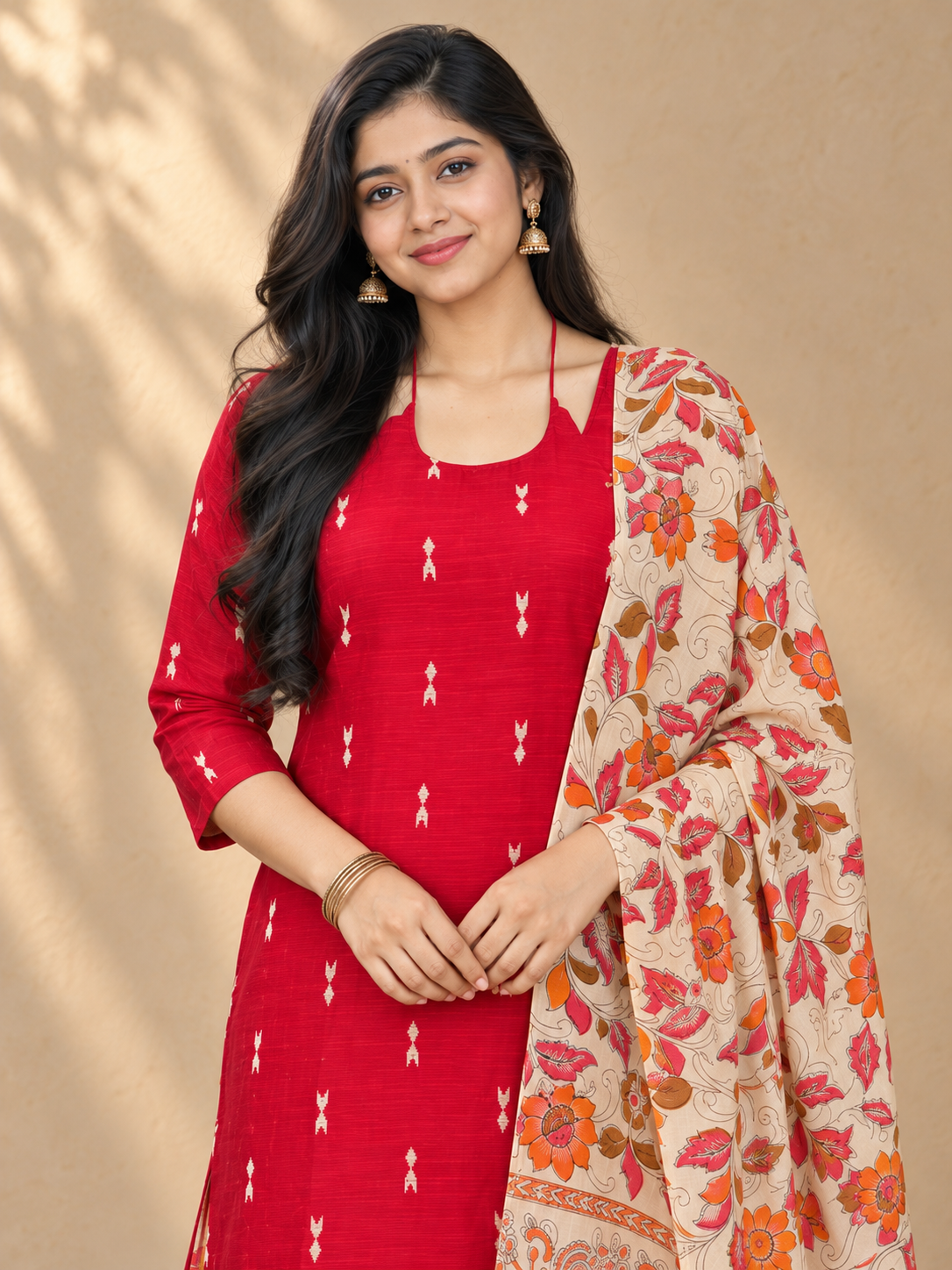 Raw Silk 3PC Kurti Set with Dori Style Neck Design, Kalamkari Bottom & Dupatta