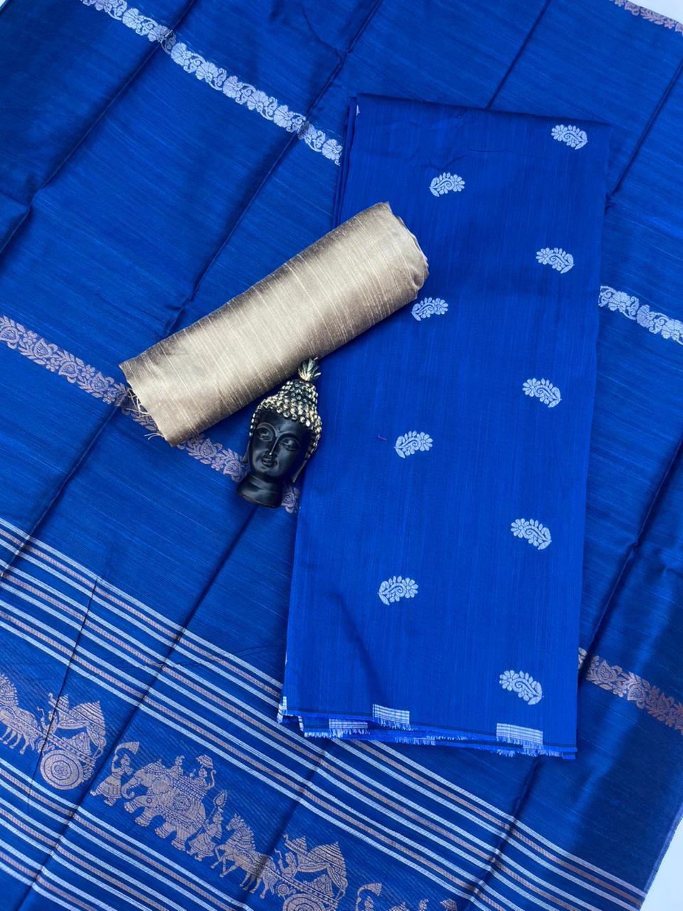 Premium Blue Raw Silk 3PC Unstitched Dress Material for Women