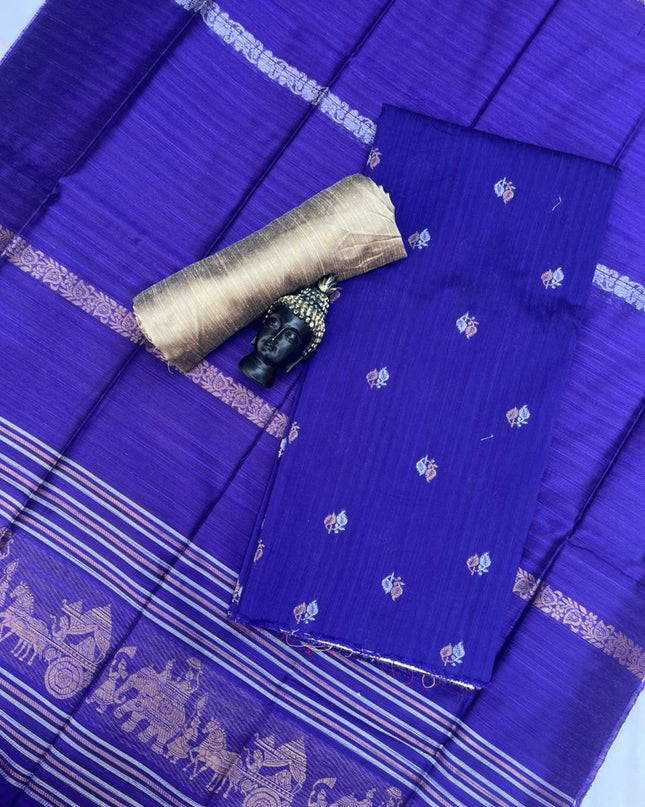 Premium Blue Raw Silk 3PC Unstitched Dress Material for Women