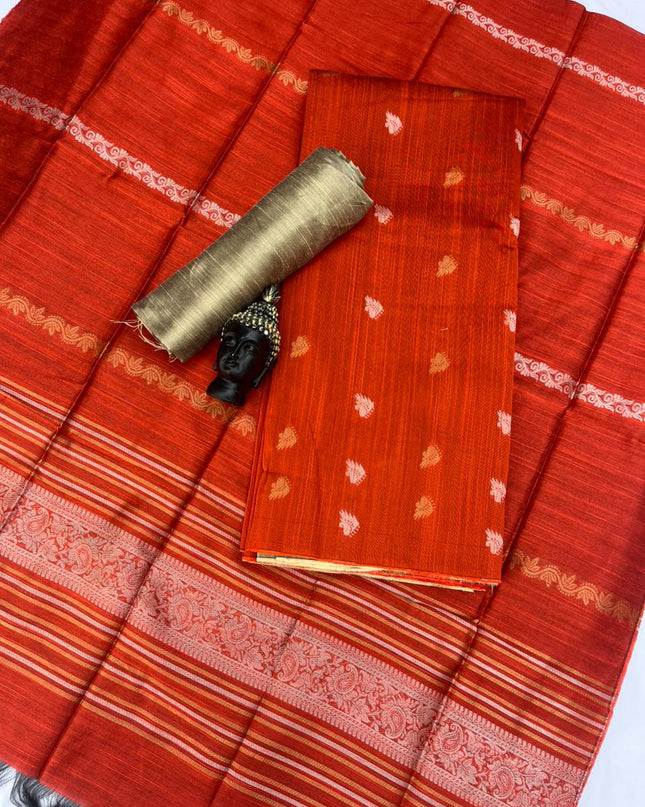 Premium Orange Raw Silk 3PC Unstitched Dress Material for Women