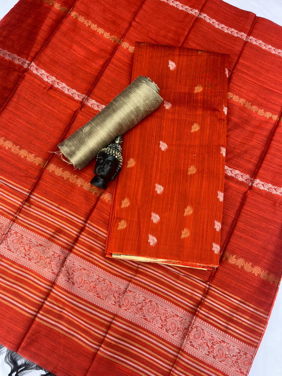 Premium Orange Raw Silk 3PC Unstitched Dress Material for Women