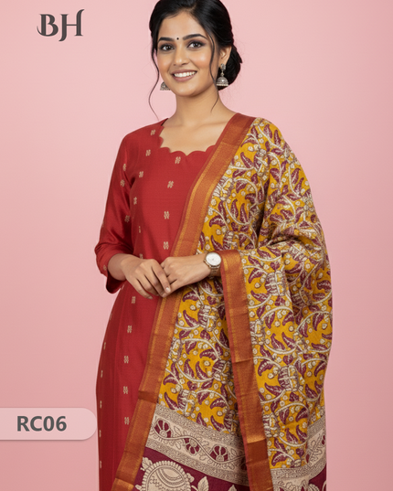 Chennuri Silk Dupatta with Raw Silk Red Top | Elegant Traditional Women’s Wear
