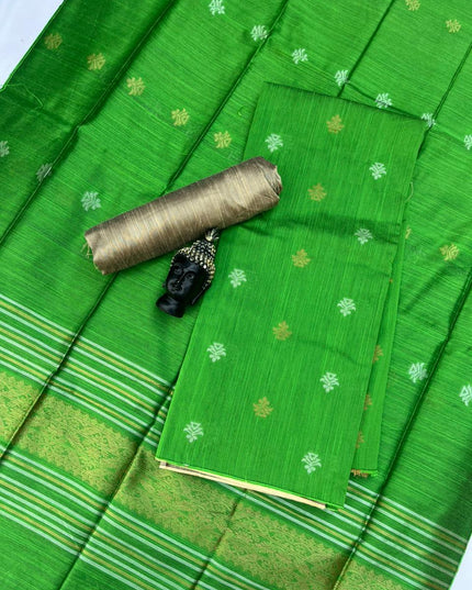 Premium Green Raw Silk 3PC Unstitched Dress Material for Women