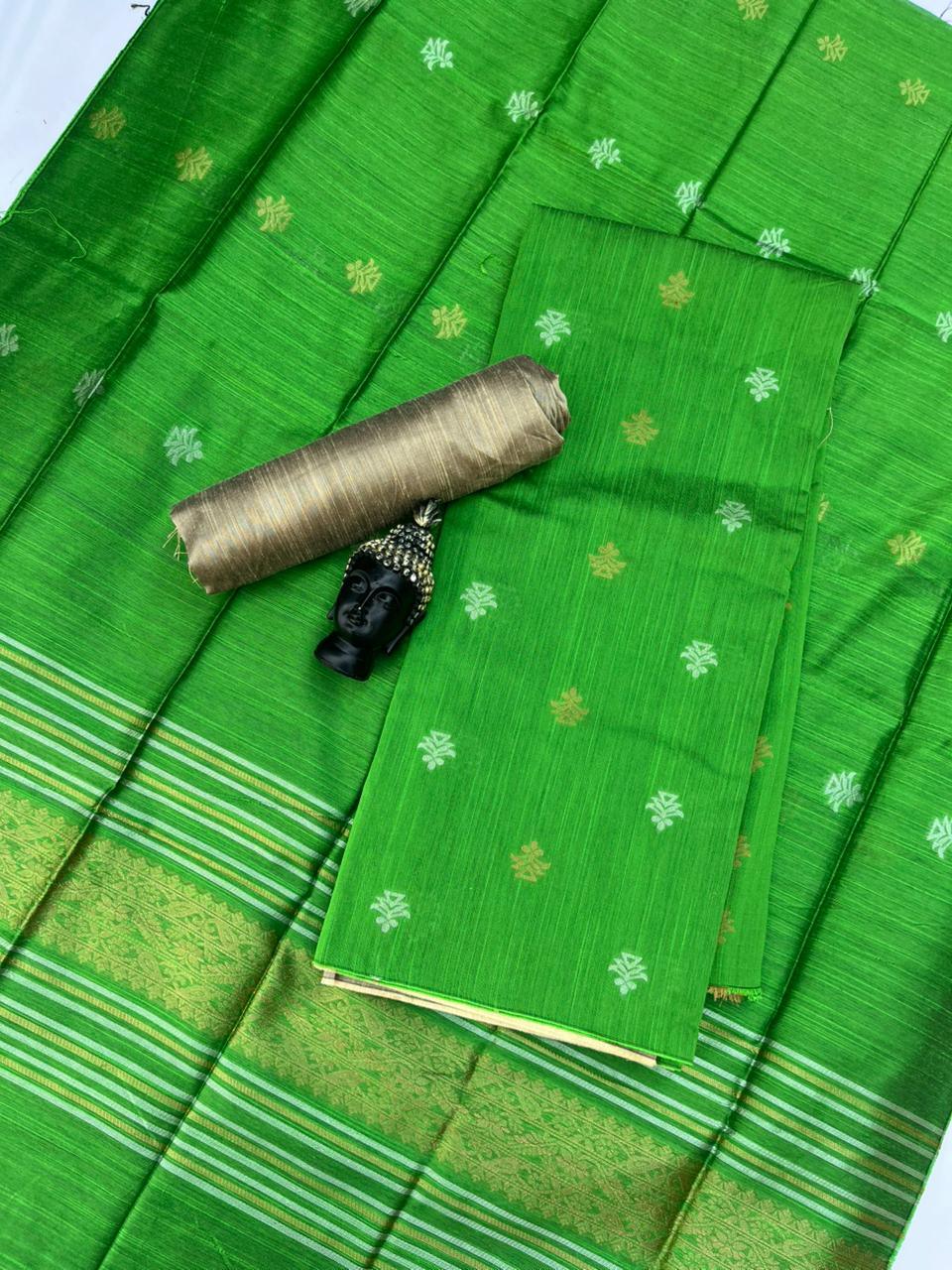 Premium Green Raw Silk 3PC Unstitched Dress Material for Women