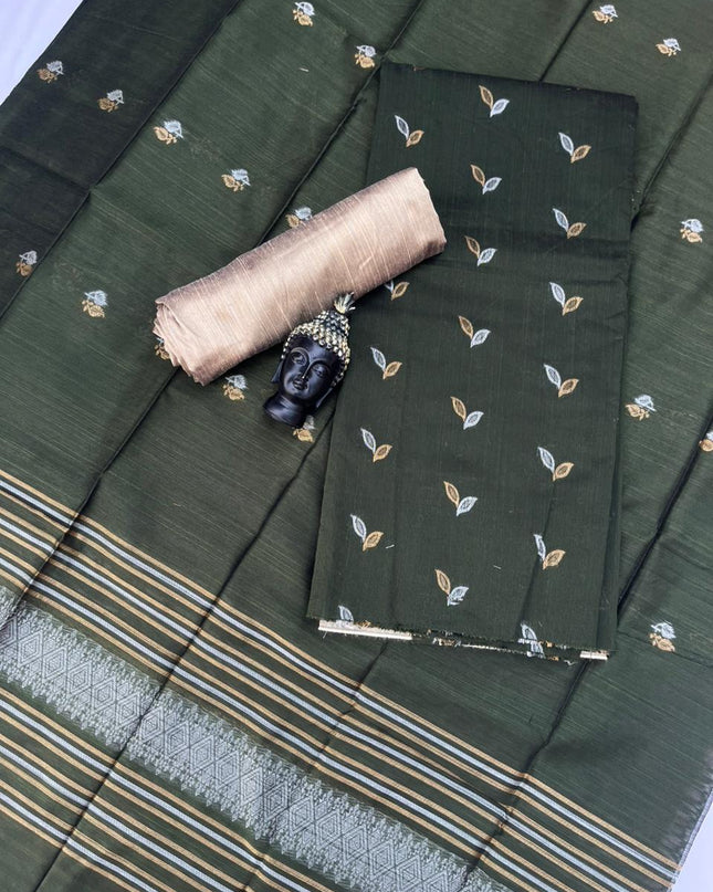 Premium Olive Green Raw Silk 3PC Unstitched Dress Material for Women