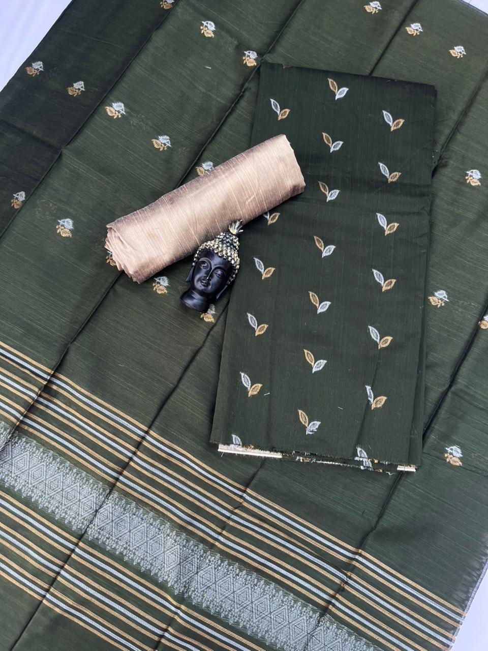 Premium Olive Green Raw Silk 3PC Unstitched Dress Material for Women