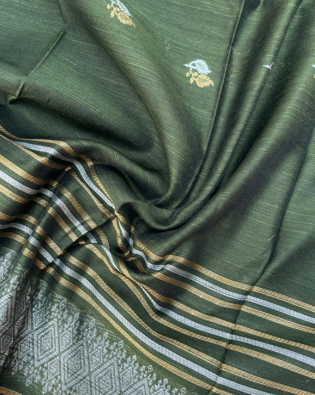 Premium Olive Green Raw Silk 3PC Unstitched Dress Material for Women