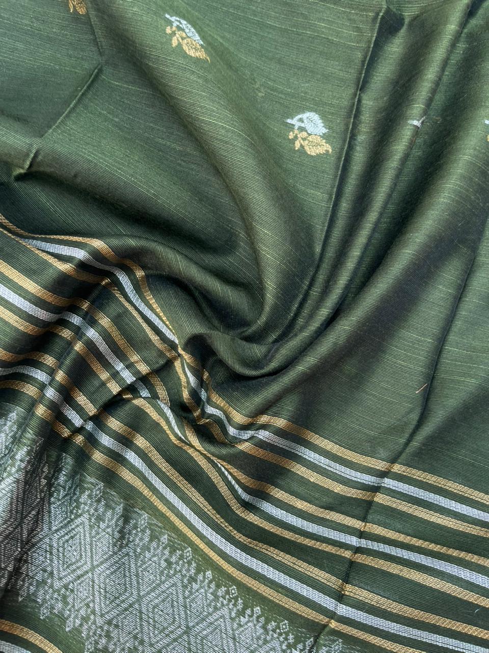 Premium Olive Green Raw Silk 3PC Unstitched Dress Material for Women