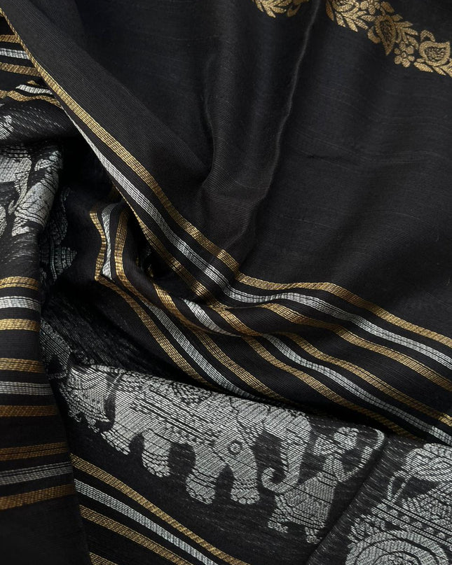 Premium Black Raw Silk 3PC Unstitched Dress Material for Women