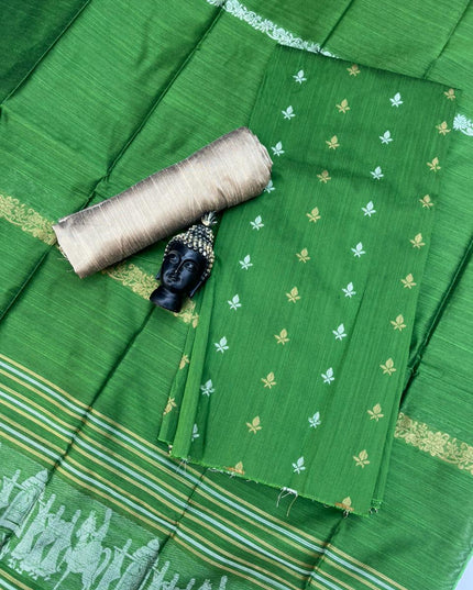 Premium Green Raw Silk 3PC Unstitched Dress Material for Women