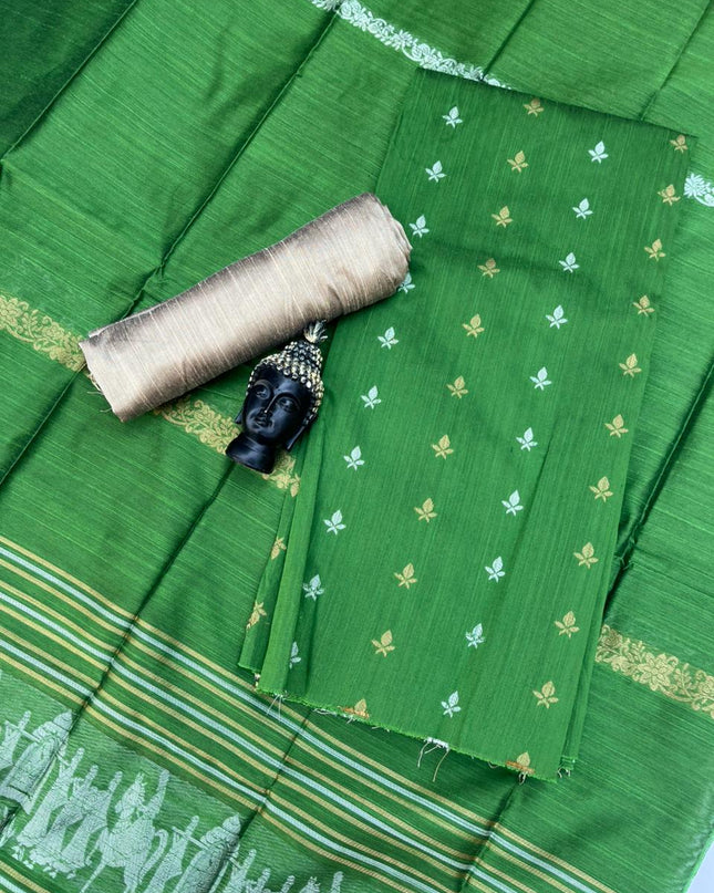 Premium Green Raw Silk 3PC Unstitched Dress Material for Women