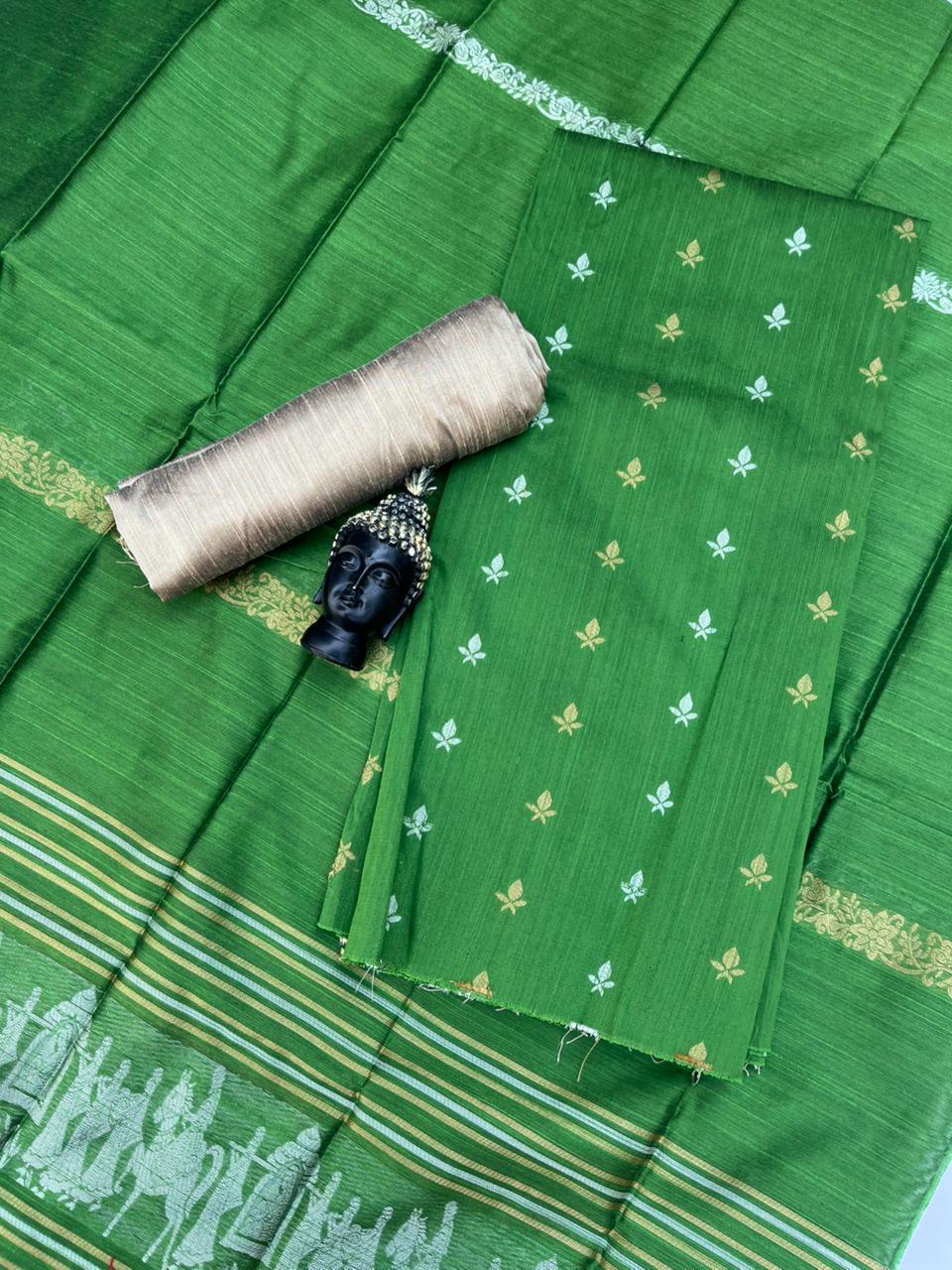 Premium Green Raw Silk 3PC Unstitched Dress Material for Women