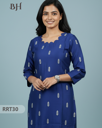 Designer Raw Silk Straight Cut Top in Blue | Cut Work Neck | Full-Length Lining