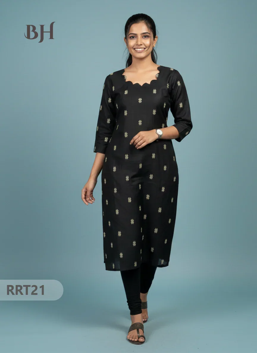 Designer Raw Silk Straight Cut Top in Black | Cut Work Neck | Full-Length Lining