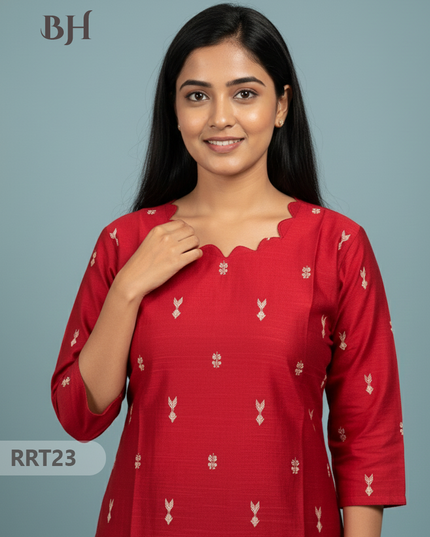Designer Raw Silk Straight Cut Top in Red | Cut Work Neck | Full-Length Lining