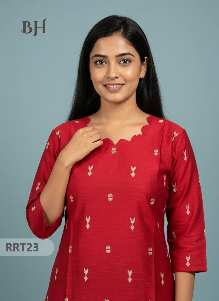 Designer Raw Silk Straight Cut Top in Red | Cut Work Neck | Full-Length Lining