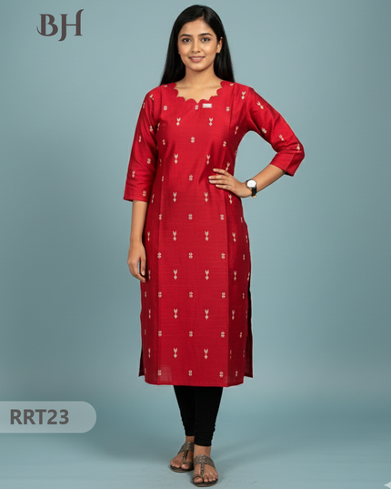 Designer Raw Silk Straight Cut Top in Red | Cut Work Neck | Full-Length Lining