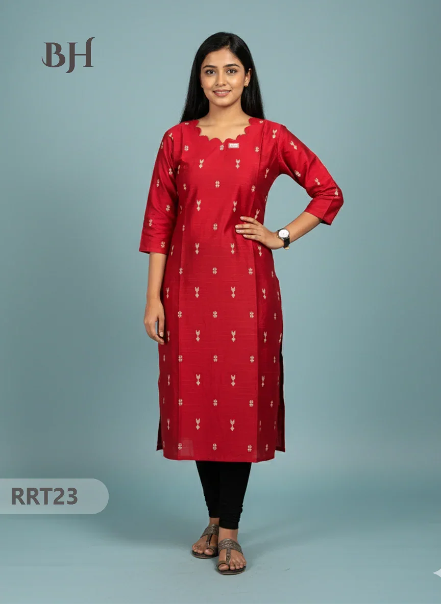 Designer Raw Silk Straight Cut Top in Red | Cut Work Neck | Full-Length Lining