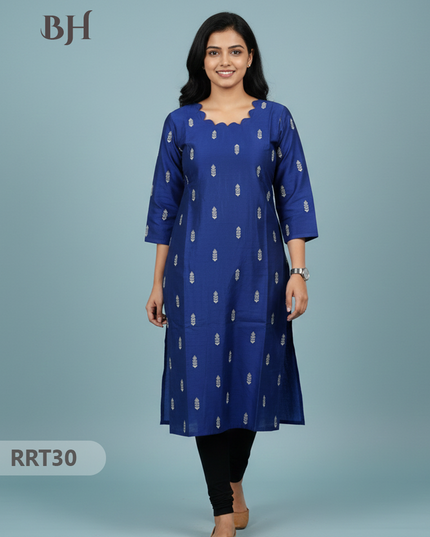 Designer Raw Silk Straight Cut Top in Blue | Cut Work Neck | Full-Length Lining