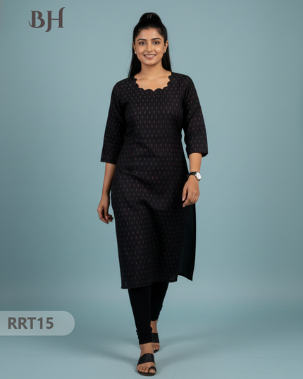 Designer Raw Silk Straight Cut Top in Black| Cut Work Neck | Full-Length Lining