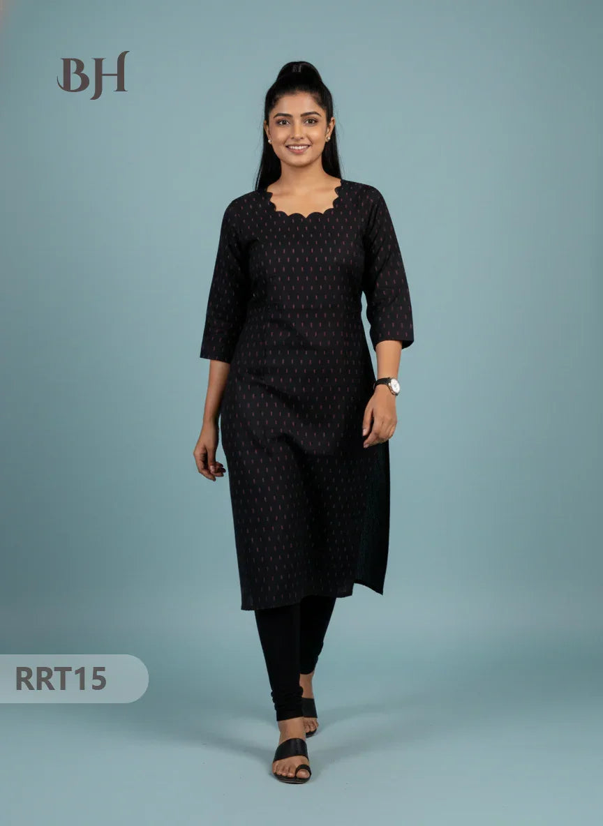 Designer Raw Silk Straight Cut Top in Black| Cut Work Neck | Full-Length Lining