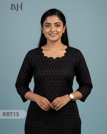 Designer Raw Silk Straight Cut Top in Black| Cut Work Neck | Full-Length Lining