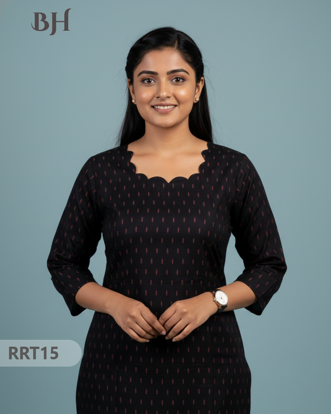 Designer Raw Silk Straight Cut Top in Black| Cut Work Neck | Full-Length Lining