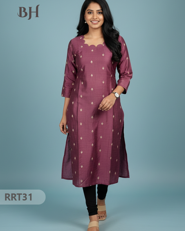 Designer Raw Silk Straight Cut Top in Onion Pink| Cut Work Neck | Full-Length Lining