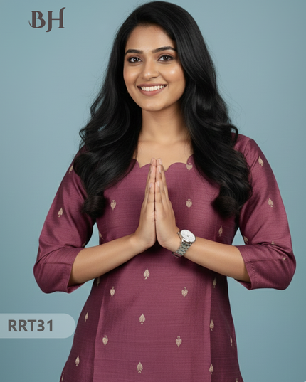 Designer Raw Silk Straight Cut Top in Onion Pink| Cut Work Neck | Full-Length Lining