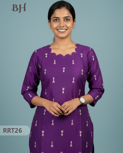 Designer Raw Silk Straight Cut Top in Purple | Cut Work Neck | Full-Length Lining