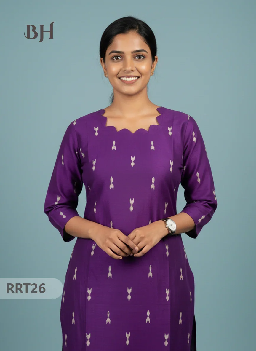 Designer Raw Silk Straight Cut Top in Purple | Cut Work Neck | Full-Length Lining