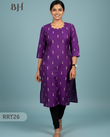 Designer Raw Silk Straight Cut Top in Purple | Cut Work Neck | Full-Length Lining