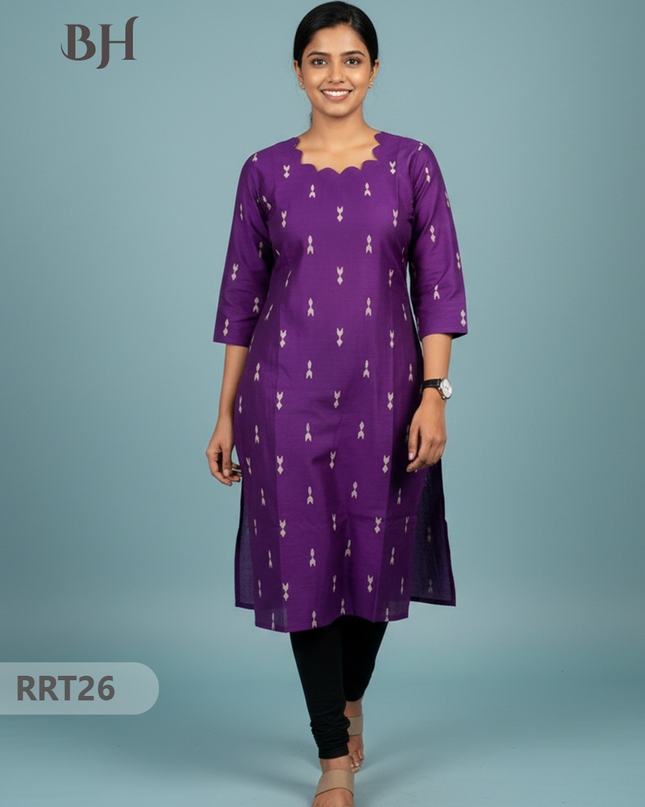 Designer Raw Silk Straight Cut Top in Purple | Cut Work Neck | Full-Length Lining