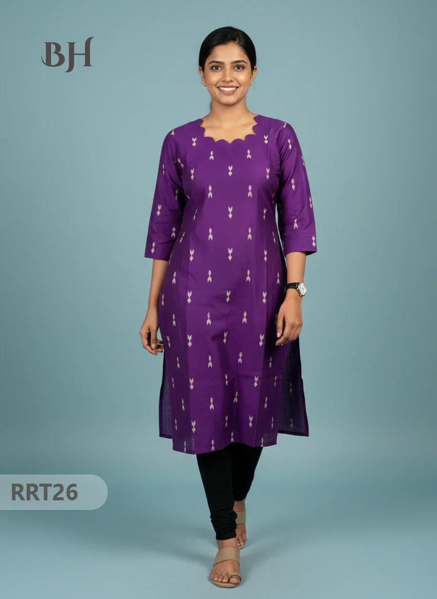 Designer Raw Silk Straight Cut Top in Purple | Cut Work Neck | Full-Length Lining
