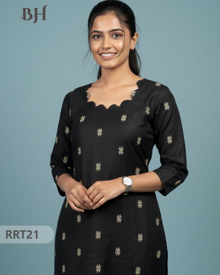 Designer Raw Silk Straight Cut Top in Black | Cut Work Neck | Full-Length Lining