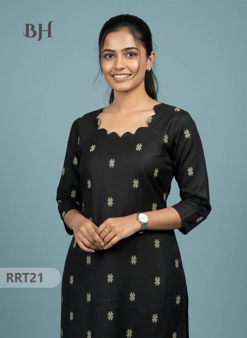 Designer Raw Silk Straight Cut Top in Black | Cut Work Neck | Full-Length Lining