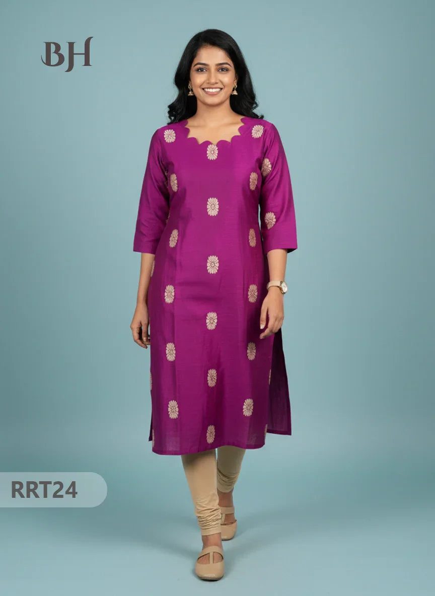 Designer Raw Silk Straight Cut Top in Pink | Cut Work Neck | Full-Length Lining