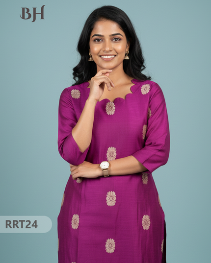 Designer Raw Silk Straight Cut Top in Pink | Cut Work Neck | Full-Length Lining