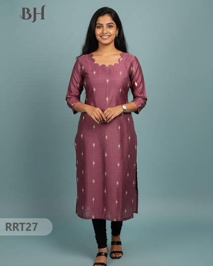 Designer Raw Silk Straight Cut Top in Onion Pink| Cut Work Neck | Full-Length Lining