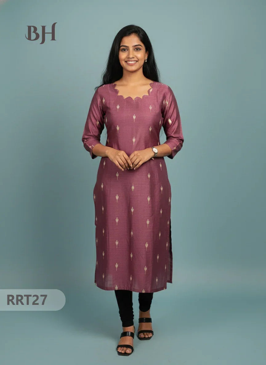 Designer Raw Silk Straight Cut Top in Onion Pink| Cut Work Neck | Full-Length Lining