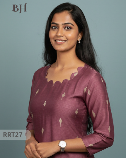 Designer Raw Silk Straight Cut Top in Onion Pink| Cut Work Neck | Full-Length Lining