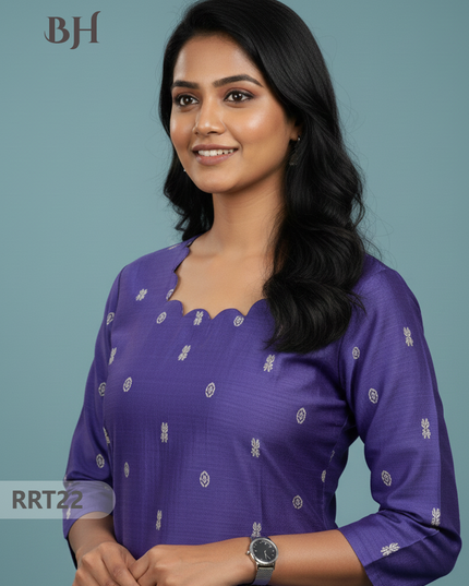 Designer Raw Silk Straight Cut Top in Violet| Cut Work Neck | Full-Length Lining